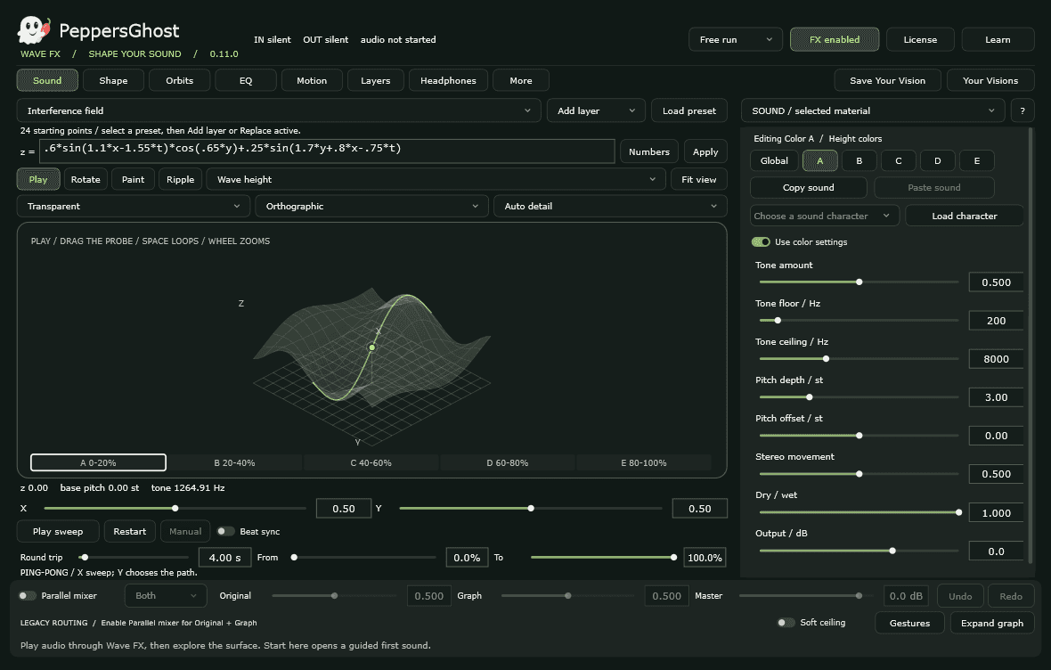 Wave FX 0.11 interface showing its equation, graph, sound controls and independent Original/Graph mixer.
